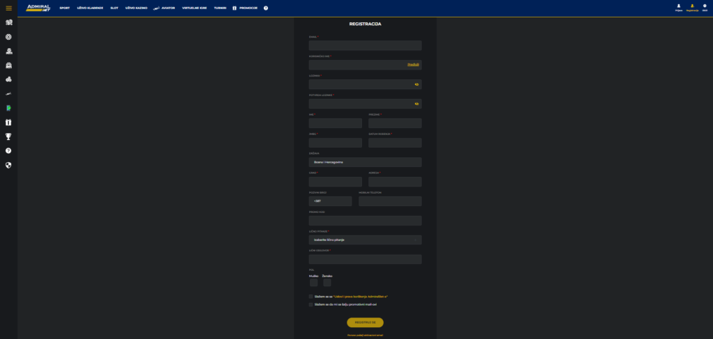 Admiralbet.ba Registration process